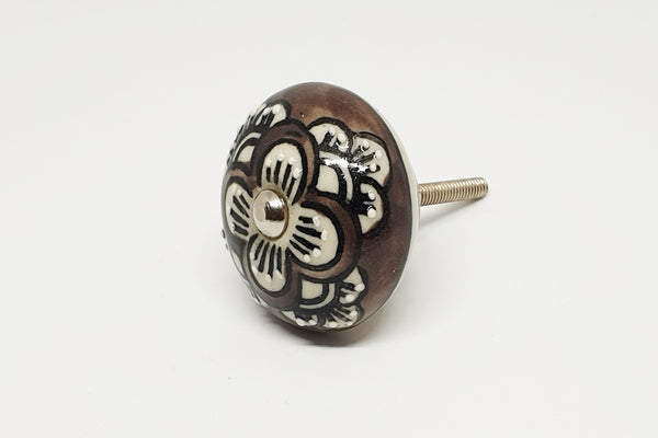 Ceramic earthy colors brown delicate floral embossed design 4cm round door knob pulls handles