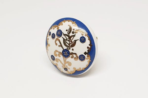 Ceramic printed vintage style navy blue gold round 4cm door knob D12