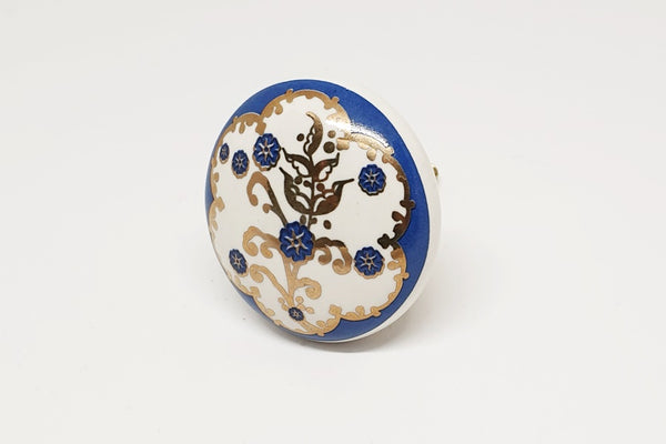 Ceramic printed vintage style navy blue gold round 4cm door knob