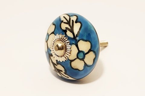 Ceramic aqua  white floral unique funky round 4cm door knob pulls handles F6