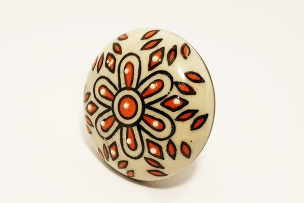 Ceramic cream red black unique embossed floral round 4.5cm door knob B5