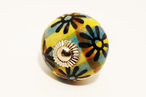 Ceramic navy yellow vintage colors unique floral round 4cm door knob d17c