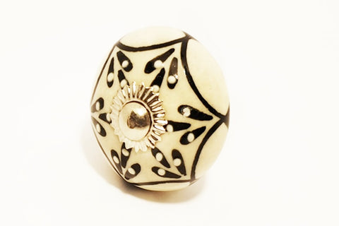 Ceramic black white embossed unique floral round 4cm door knob pulls handles d16b