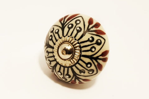 Ceramic cream brown embossed unique floral round 4cm door knob pulls handles