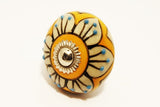 Ceramic  yellow white embossed floral unique funky round 4cm door knob pulls handles