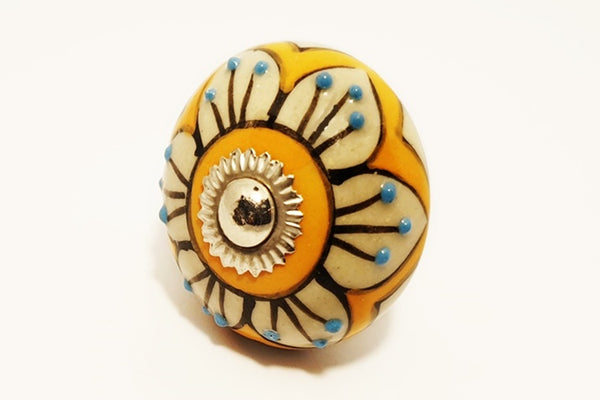 Ceramic  yellow white embossed floral unique funky round 4cm door knob pulls handles
