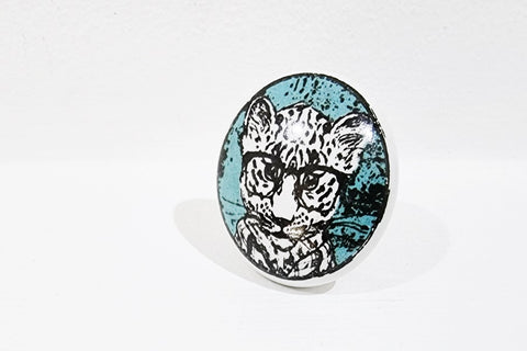 Ceramic teal green white cat kids print 4cm round door knob RC5