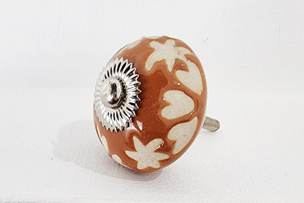 Ceramic brown embossed unique floral round 4cm door knob pulls handles A10