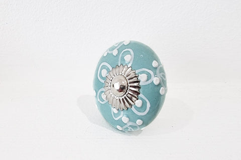 Ceramic ocean aqua blue floral delicate design embossed 4cm round door knob
