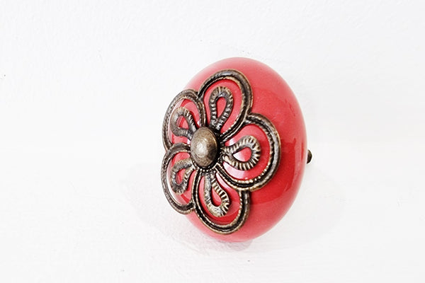 Ceramic vibrant red metal floral decor vintage style 4cm round door knob handles