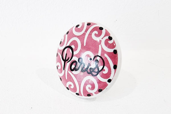 Ceramic shabby chic delicate pink print PARIS 4 cm round door knob F14
