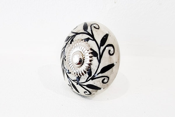Ceramic black white floral delicate moroccan design round 4cm door knob