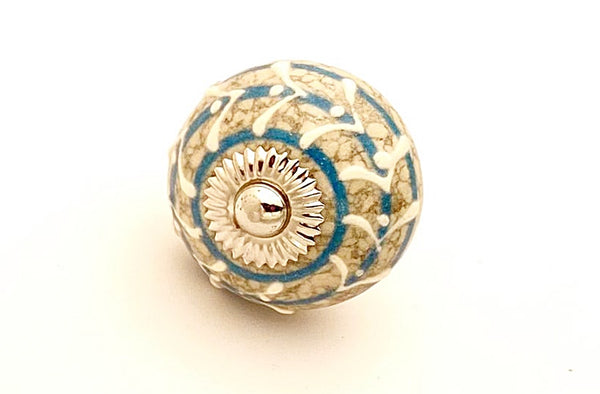 Ceramic unique retro aqua floral off white embossed floral 4cm round door knobs SB