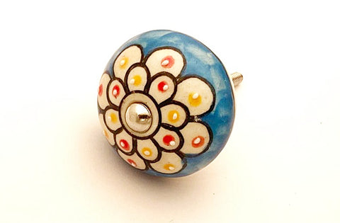 Ceramic funky floral blue red yellow delicate embossed 4cm round door knob C7a