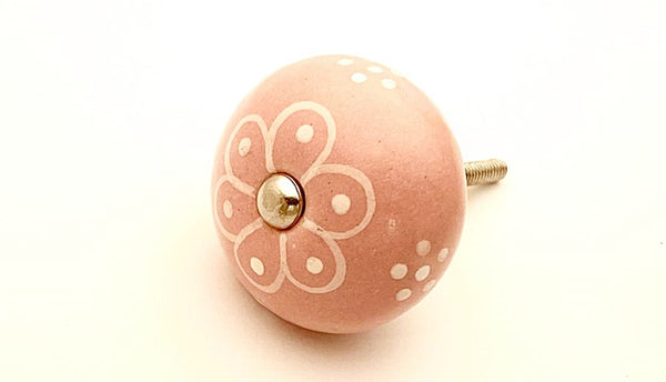 Ceramic soft pink shabby chic white flower 4cm round door knob GF2