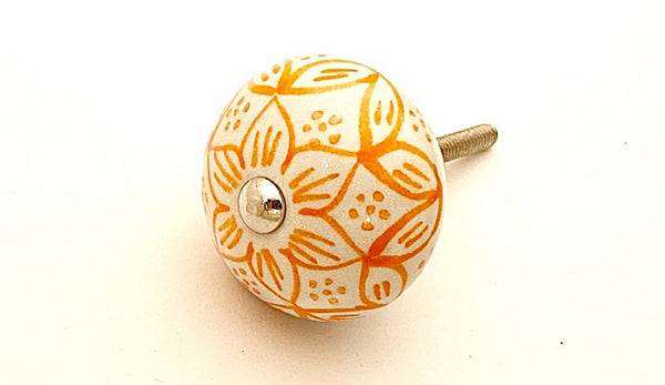 Ceramic white orange delicate floral design round 4cm door knob C10