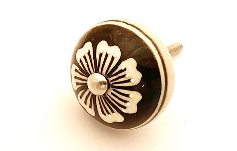 Ceramic black with white floral design embossed 4cm round door knob D15a