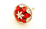 Ceramic vibrant red black white flower 4cm round door knob E7