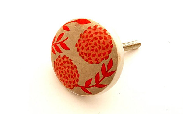 Ceramic off white vintage red printed shabby chic round 4cm door knob C4