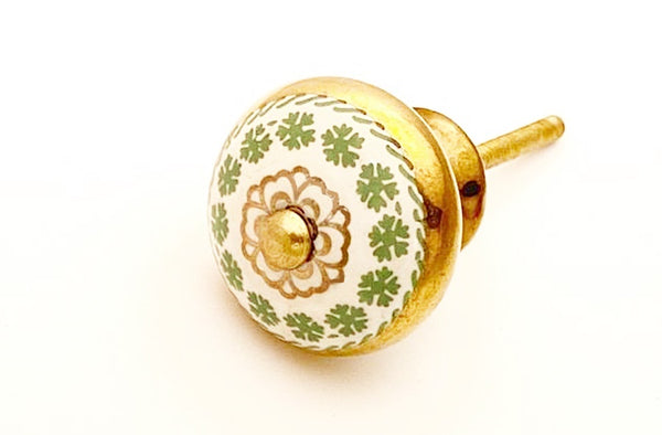 Ceramic unique green gold moroccan flower printed style 4cm round door knob