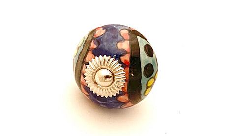 Ceramic unique colorful navy blue floral design 4cm round door knob c19a
