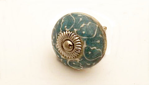 Ceramic aqua ocean blue unique floral design embossed 4cm round door knob e4a