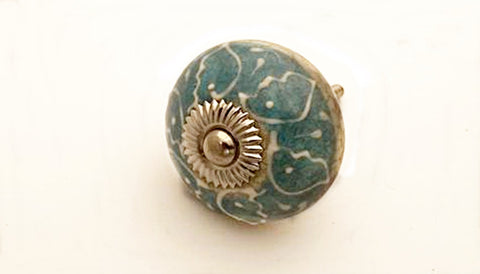 Ceramic aqua ocean blue unique floral design embossed 4cm round door knob