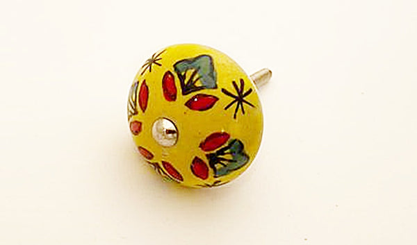 Ceramic red yellow green funky floral 4cm round door knob