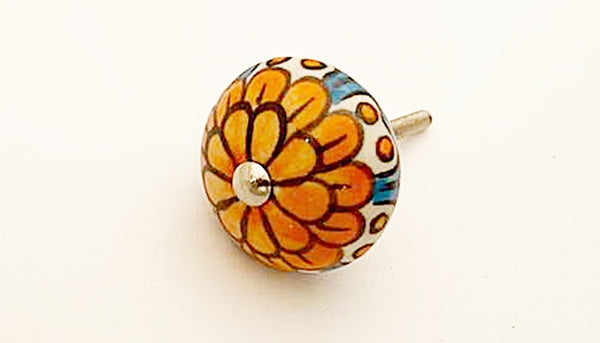 Ceramic orange blue  flower round 4cm door knob
