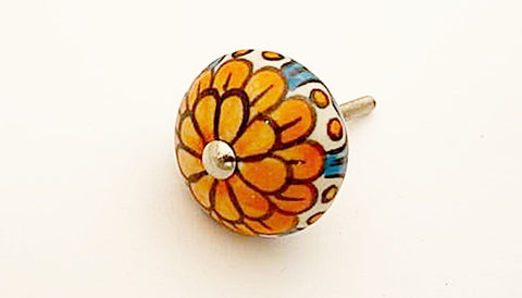 Ceramic orange blue  flower round 4cm door knob