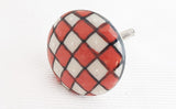 Ceramic red white checkers funky style embossed door knob 4cm D5