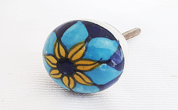 Ceramic small blue yellow flower 3.5cm round door knob