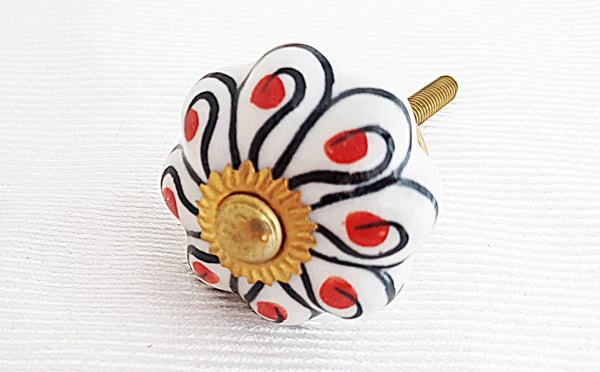 Ceramic black white red swirly floral design 3.5cm pumpkin door knob C3c