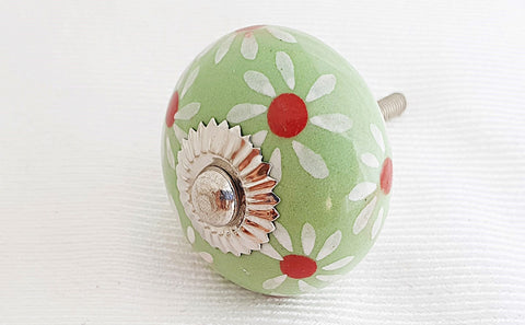 Ceramic spring floral green white funky 4cm round door knob