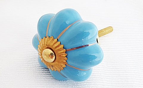 Ceramic blue turquoise gold 4cm pumpkin door knob