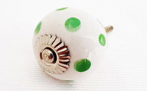 Ceramic green dots shabby chic 4cm round door knob e1d
