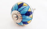 Ceramic flower blue aqua yellow 4cm round door knob