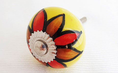 Ceramic yellow red brown Mexican floral style 4cm round door knob e5c
